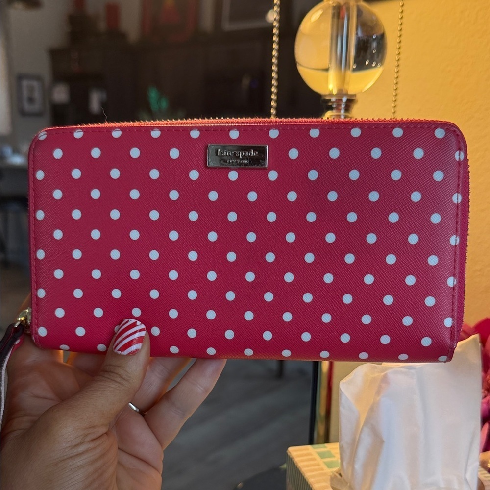 Kate Spade Red White Polka Dot Wallet Clutch wristlet zip around designer - Picture 11 of 11